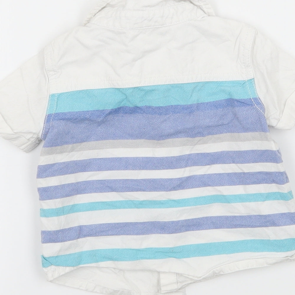 Brand and care label for F&F boys’ white striped basic button-up, size 3-6, months