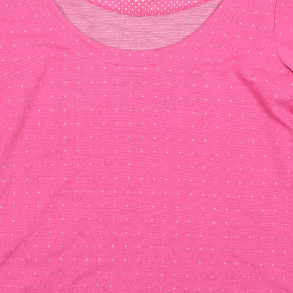 Brand and care label for EDC women’s pink polka dot pullover sweatshirt, size M