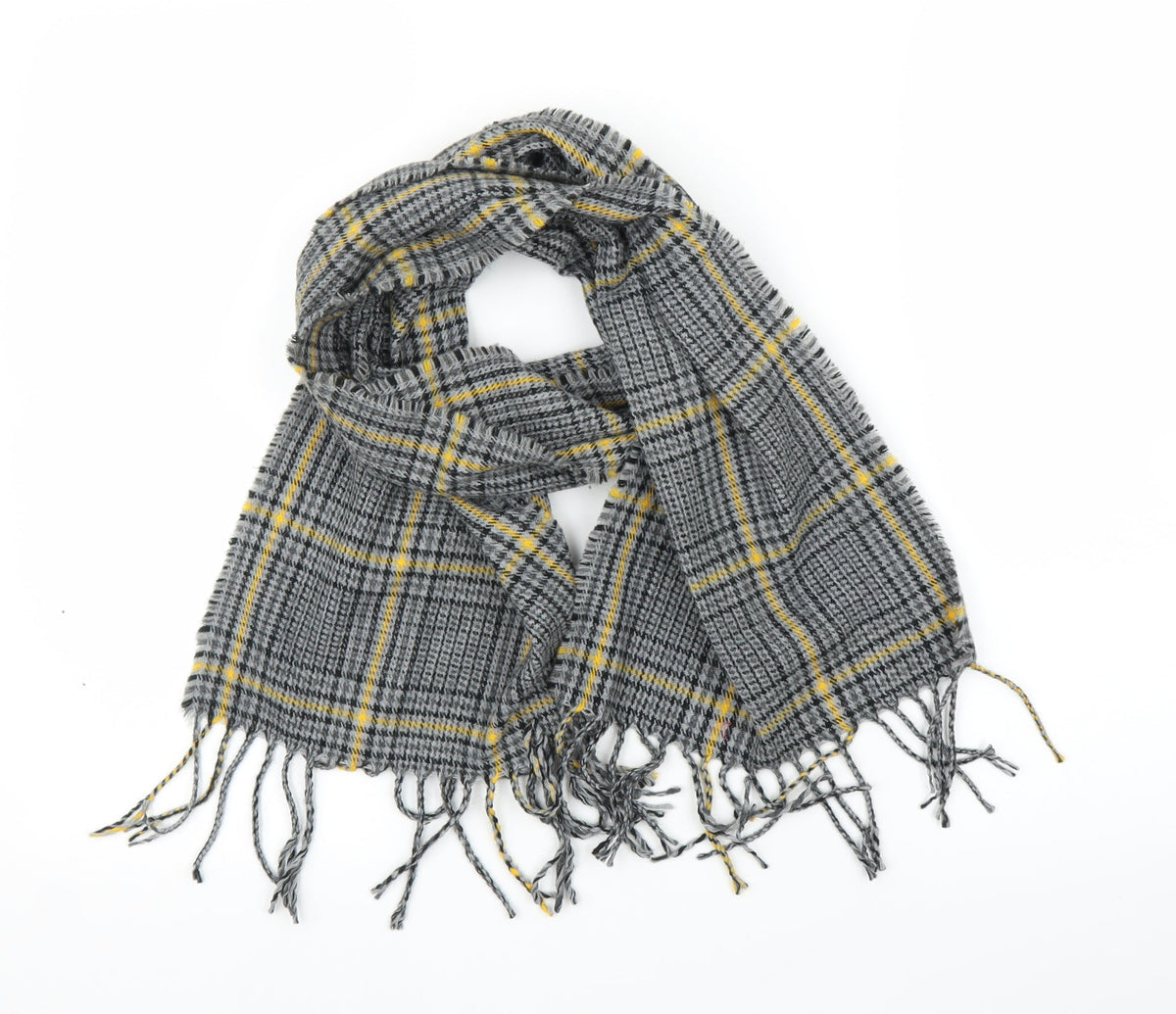 Front view of Preworn unisex grey plaid scarf