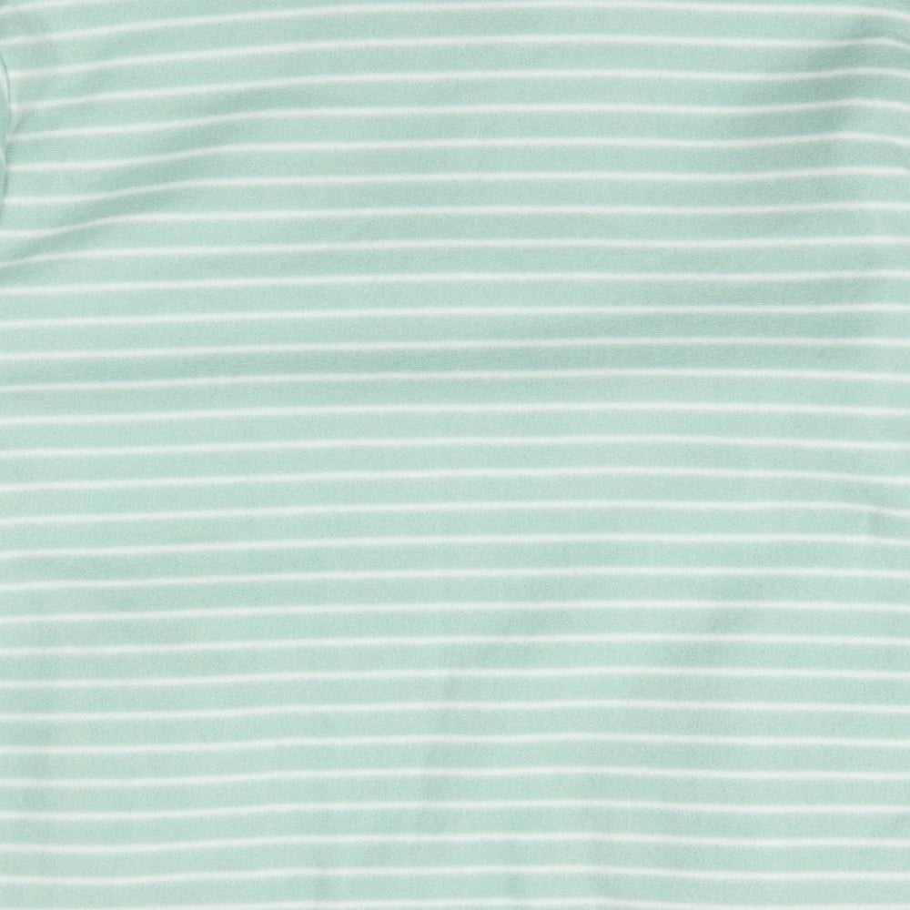 Brand and care label for ann de lancay women’s green striped jacket coat, size L