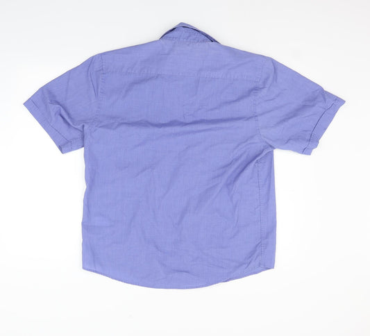 Mens UK Size L Vintage Blue Button-Up Short Sleeve Casual Shirt