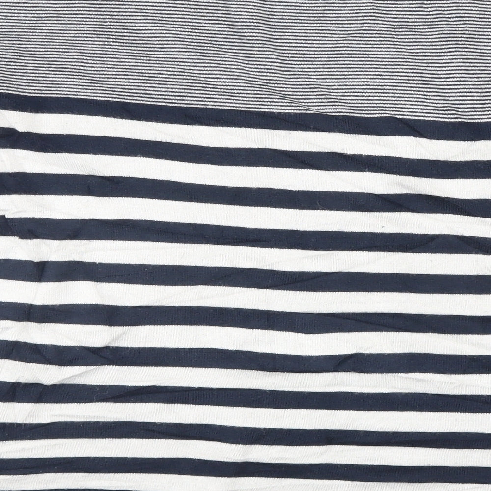 Brand and care label for Atmosphere women’s blue striped jumper, size UK 8