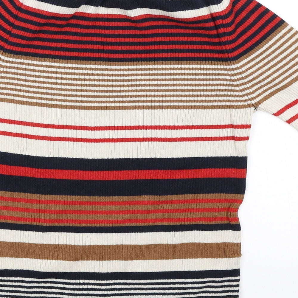 Brand and care label for Miss Selfridge women’s multicoloured striped jumper, size UK 12
