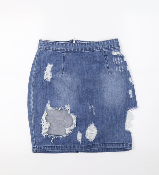 Missguided Womens Blue Denim A-Line Skirt Size 8 - Distressed