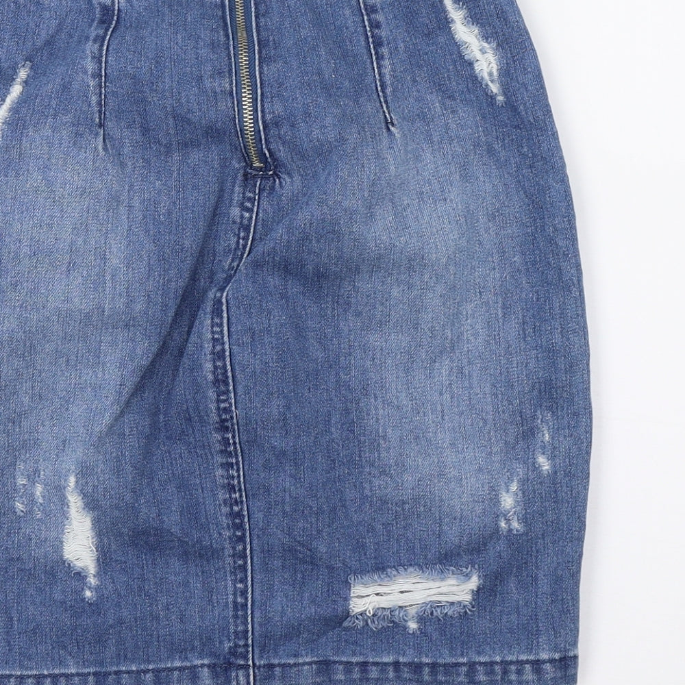 Brand and care label for Missguided women’s blue denim a-line skirt, size UK 8, - distressed