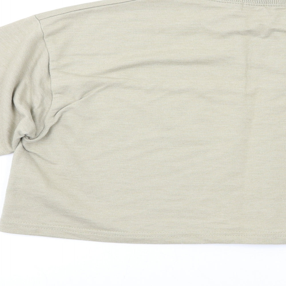 Brand and care label for Missguided women’s beige pullover sweatshirt, size S