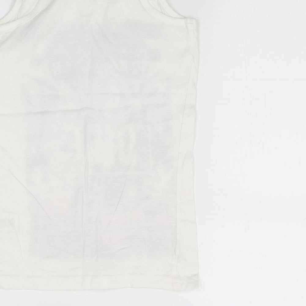 Brand and care label for Y.D girls’ white basic tank, size 10, years - beach print