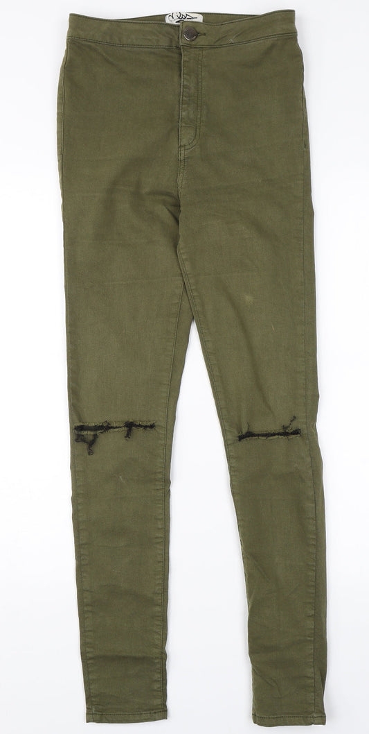 Additional front view of Miss Selfridge women’s green denim jegging jeans, size UK 10, 28-inch leg