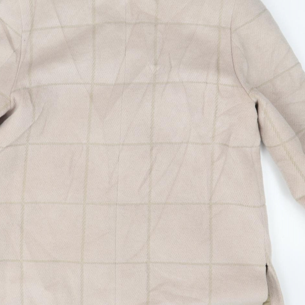 Brand and care label for fashion women’s beige check jacket coat, size UK 14