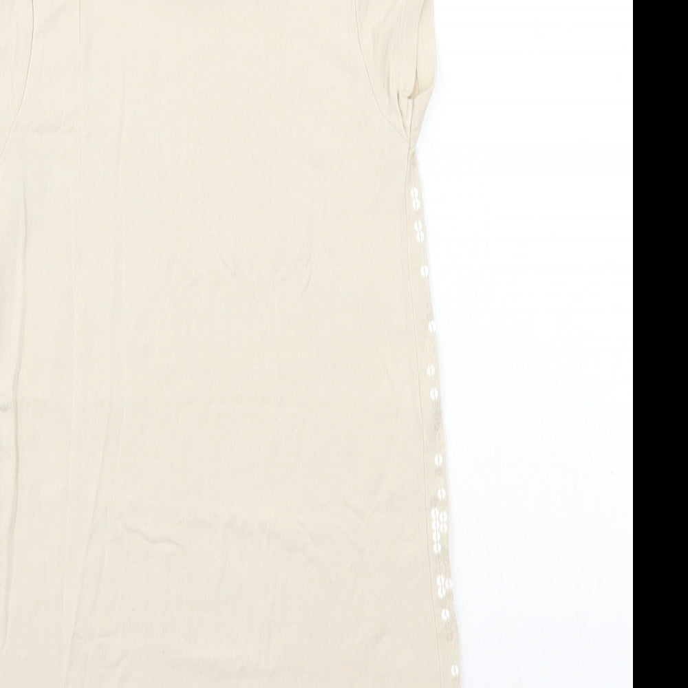 Brand and care label for Next girls’ beige rayon basic t-shirt, size 4, years