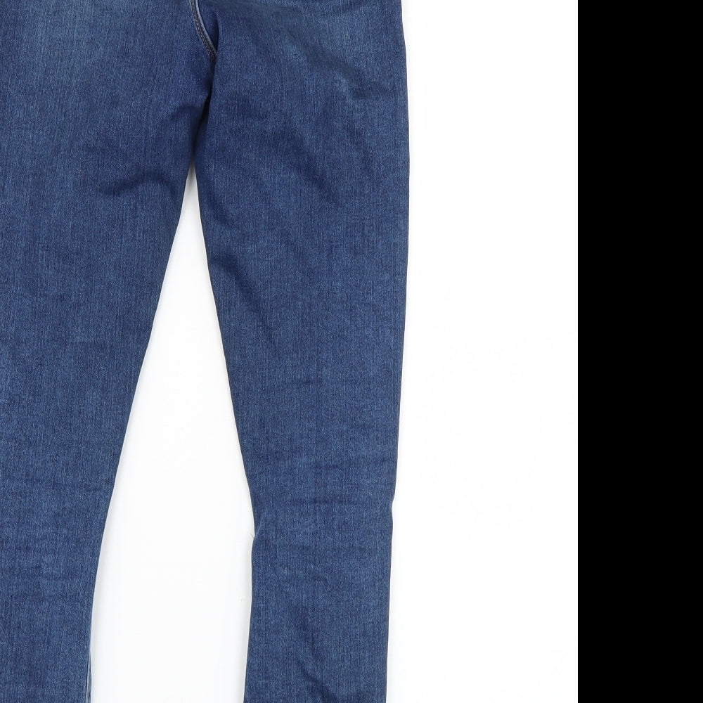 Brand and care label for ASOS women’s blue denim skinny jeans, size UK 26, 30-inch leg