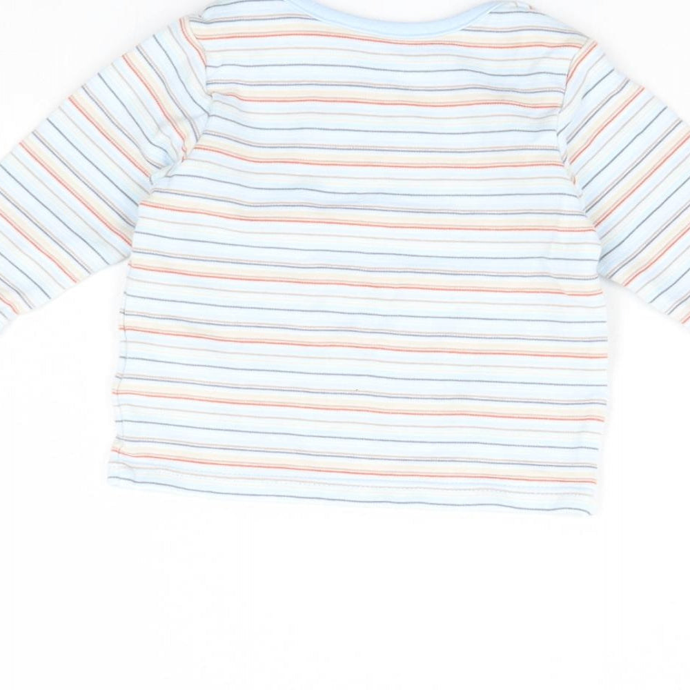 Brand and care label for Marks & Spencer boys’ blue striped basic t-shirt, size 0-3, months