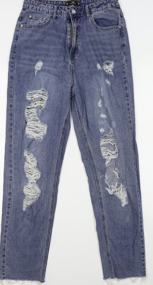 Additional front view of Missguided women’s blue straight jeans, size UK 10, 28-inch leg
