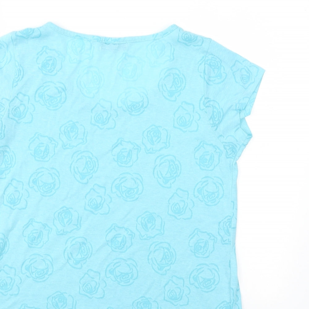 Brand and care label for Originals women’s blue floral basic t-shirt, size UK 16