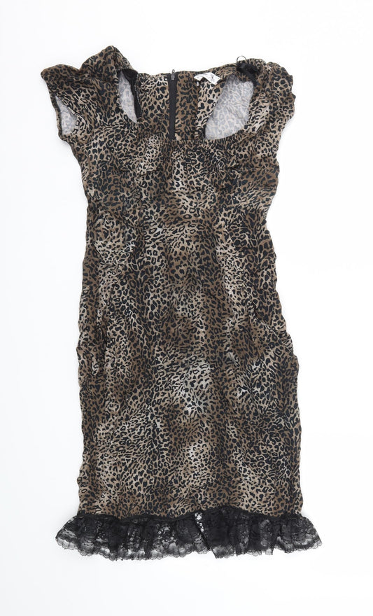 Internacionale Womens Brown Animal Print A-Line Size 8