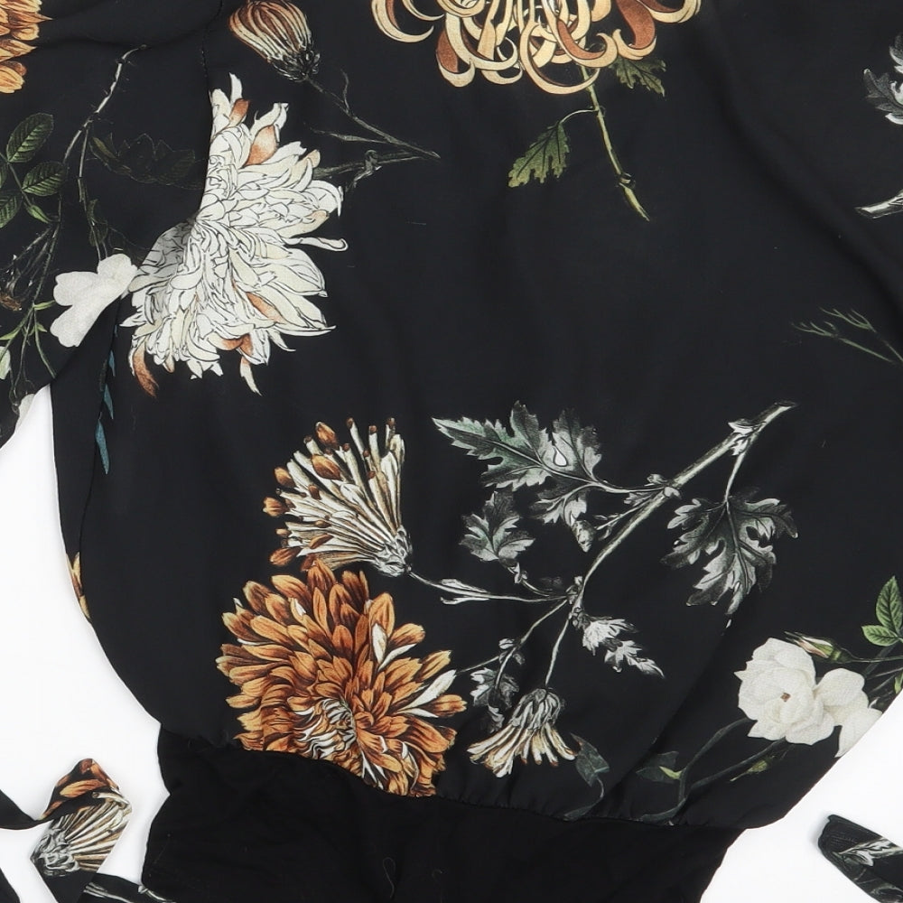 Boohoo Womens Black Floral Bodysuit One-Piece Size 8