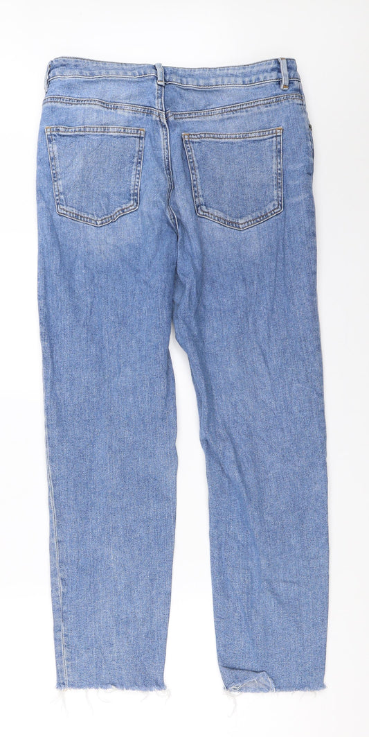Back view of ASOS women’s blue denim straight jeans, size UK 32, in, 32-inch leg