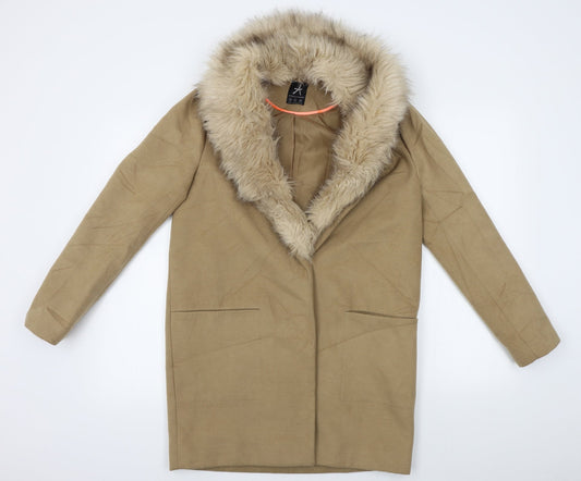 Additional front view of Atmosphere women’s beige overcoat coat, size UK 6, - fur collar