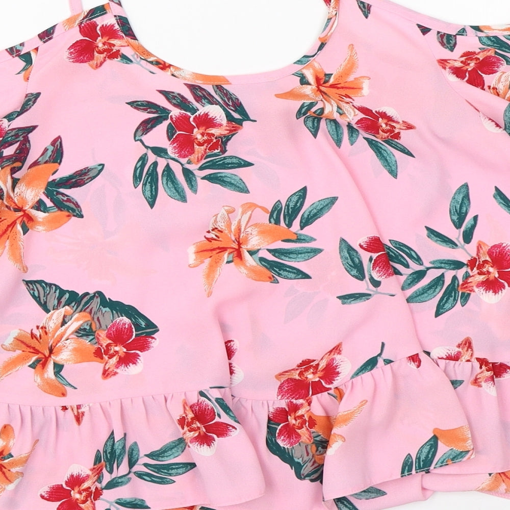 Brand and care label for Atmosphere women’s pink floral basic blouse, size UK 4, - open shoulder