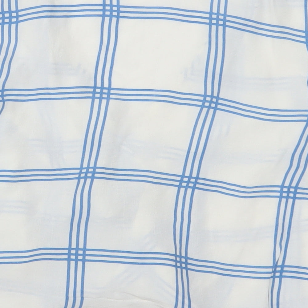 Brand and care label for Miss Selfridge women’s white check wrap blouse, size UK 6, - blue