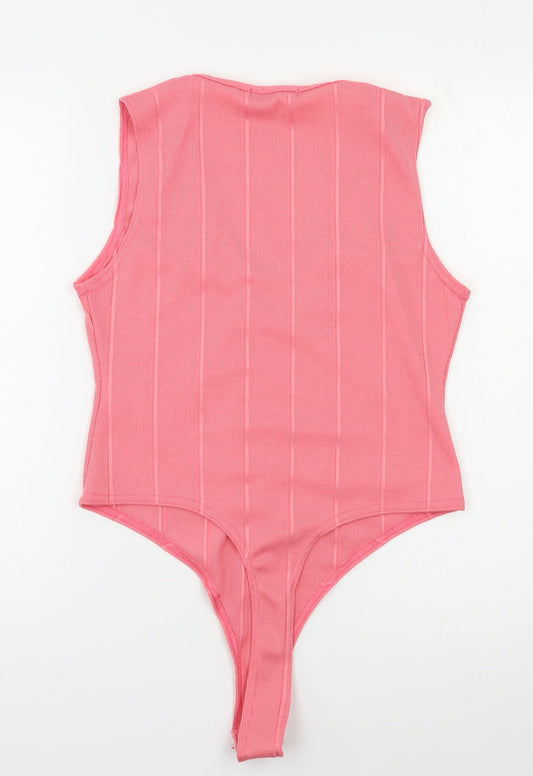 Boohoo Womens Pink Striped  Bodysuit One-Piece Size 14