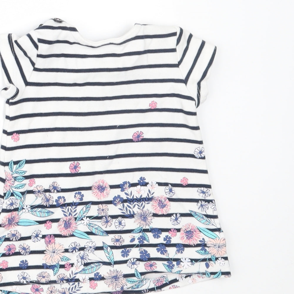 Brand and care label for Maine New England girls’ white striped t-shirt dress, size 0-3, months