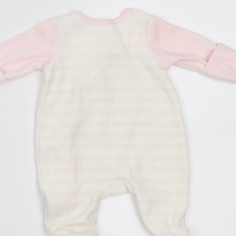 Brand and care label for Mothercare girls’ pink striped babygrow one-piece size newborn