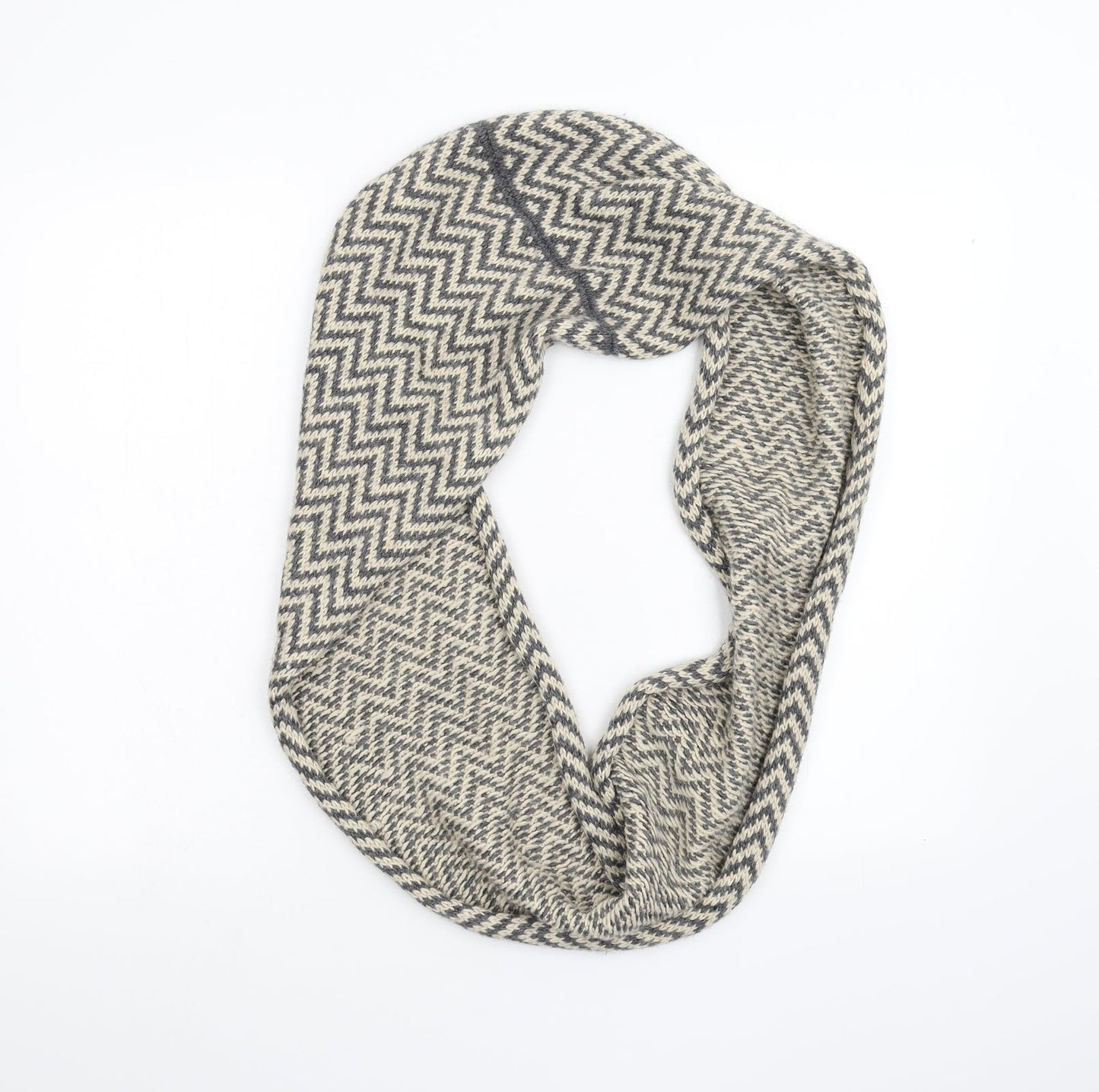Front view of Preworn unisex grey striped knit scarf