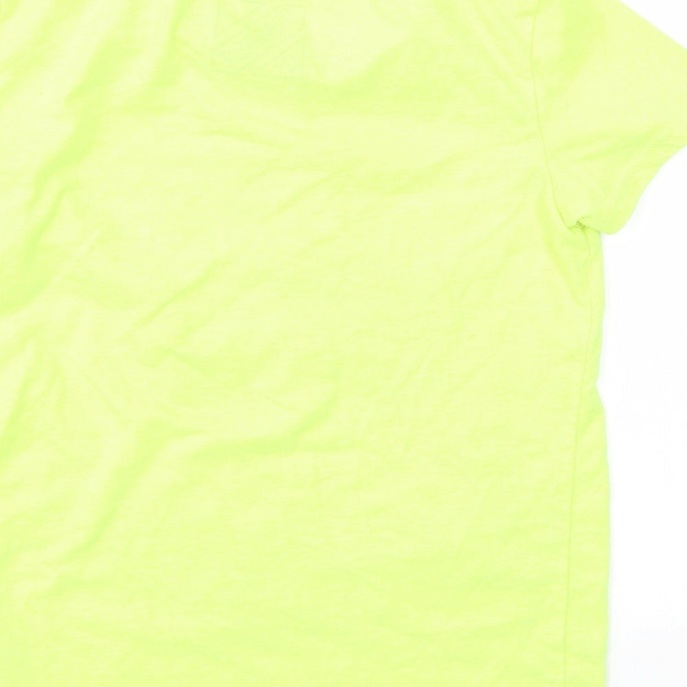 Brand and care label for URBAN DEPT boys’ yellow animal print basic t-shirt, size 6, years