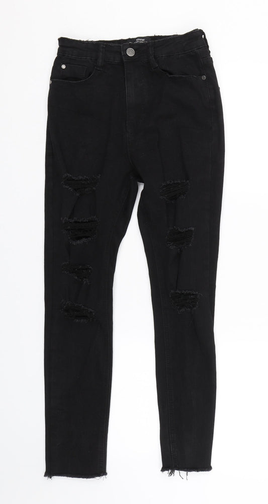 Additional front view of Missguided women’s black denim skinny jeans, size UK 6, 24.5-inch leg