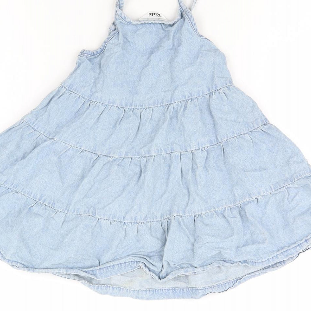 Brand and care label for M&Co girls’ blue denim fit & flare, size 18, months