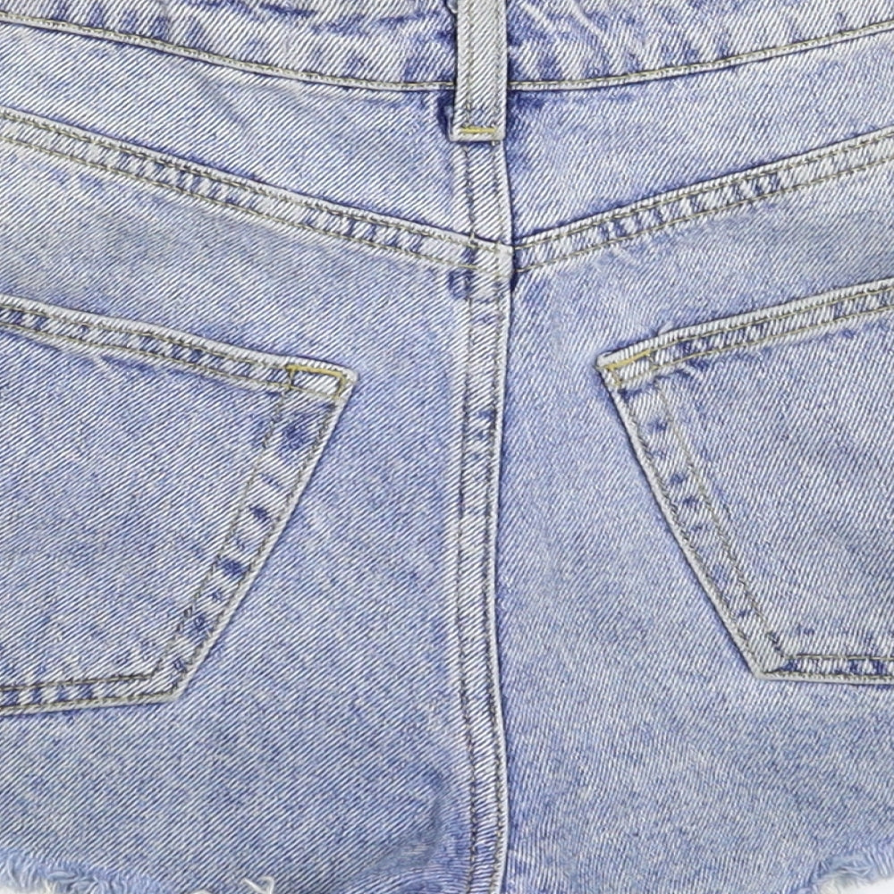 Brand and care label for Denim & Co. women’s blue denim hot pants shorts, size UK 8