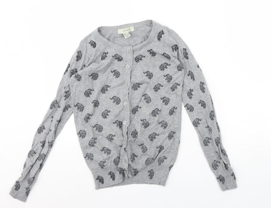 Additional front view of Atmosphere women’s grey animal print cardigan jumper, size UK 4, - elephant