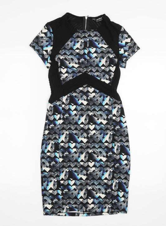 Additional front view of Miss Selfridge women’s blue geometric pencil dress, size UK 8