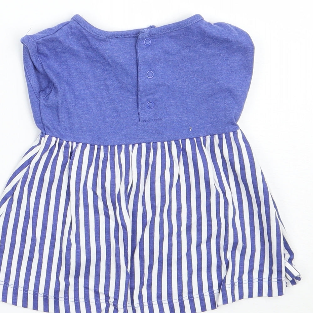 Brand and care label for hullabaloo girls’ blue striped a-line, size 3-6, months