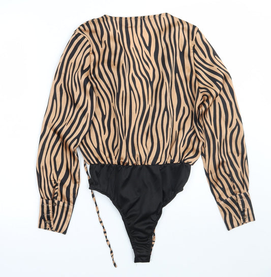 Back view of In the Style women’s brown animal print bodysuit one-piece, size UK 6