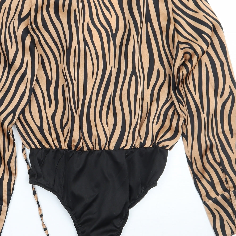 Brand and care label for In the Style women’s brown animal print bodysuit one-piece, size UK 6