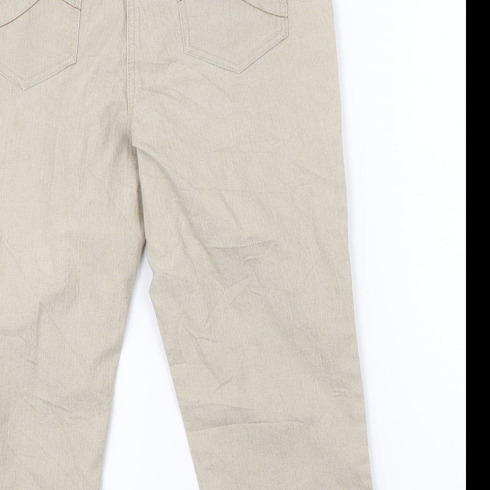 Brand and care label for Soon women’s beige cropped trousers, size UK 12, 20-inch leg