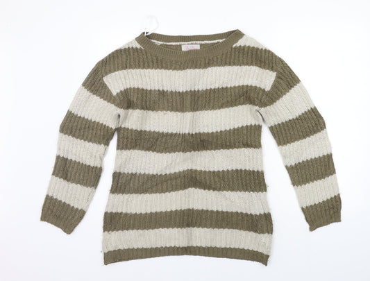 Additional front view of Be Beau women’s beige striped jumper, size UK 10