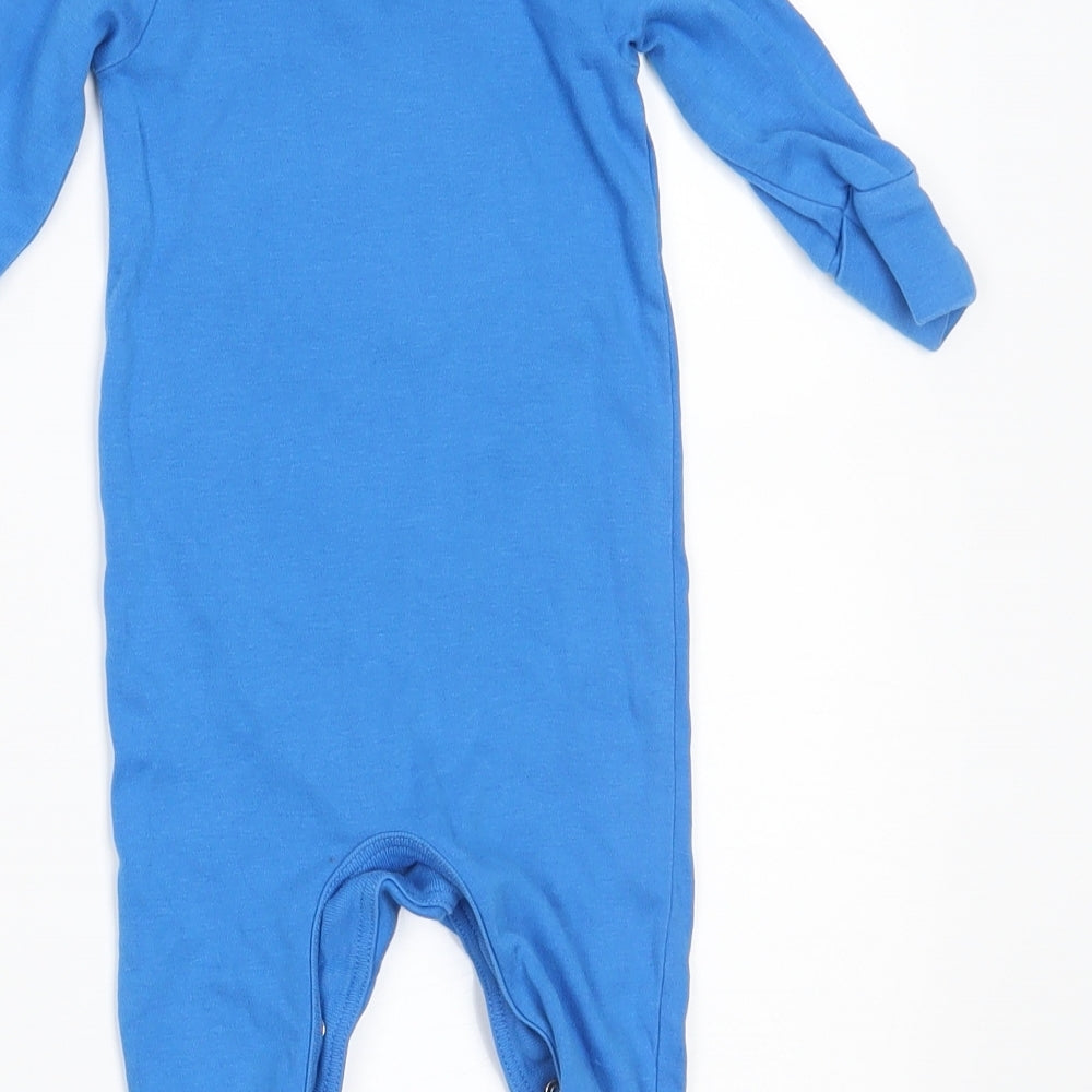 Brand and care label for Next boys’ blue babygrow one-piece, size 0-3, months - built in mittens