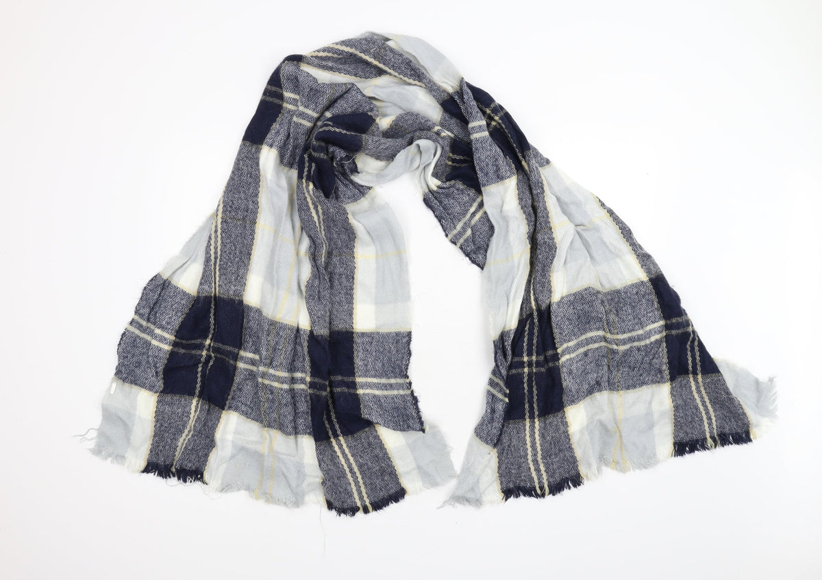 Front view of Preworn unisex blue check knit scarf
