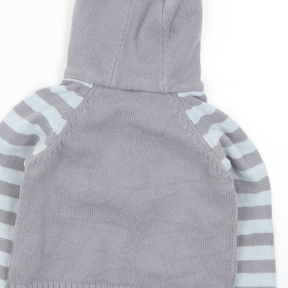 Brand and care label for Cherokee boys’ blue striped knit full zip jumper, size 12-18, months