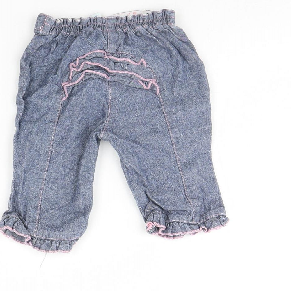 Brand and care label for Tu girls’ blue denim capri trousers, size 3-6, months