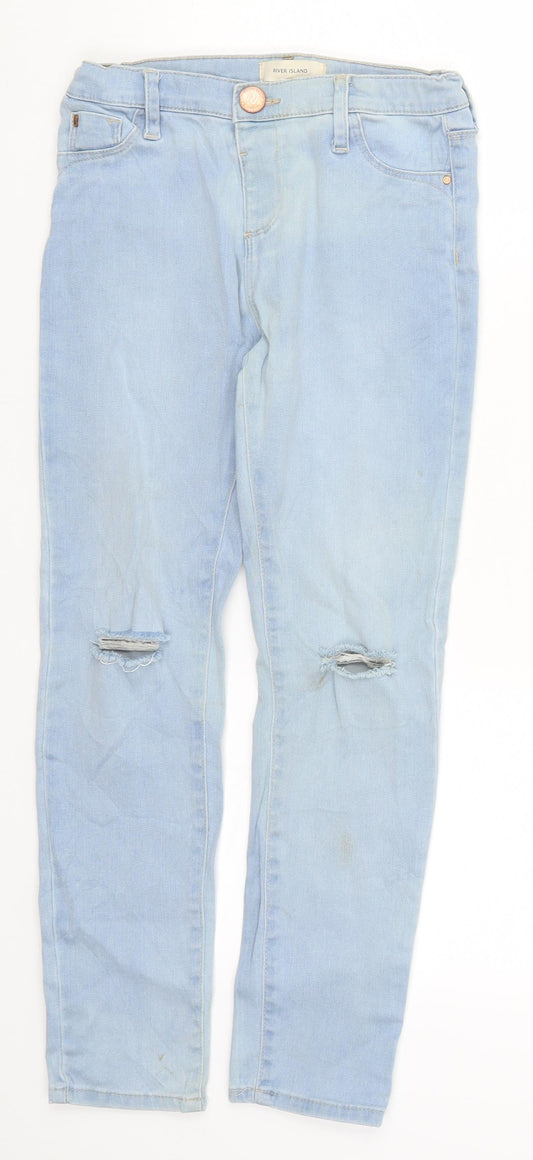 River Island Girls Blue Denim Skinny Jeans Size 9 Years - Distressed Look