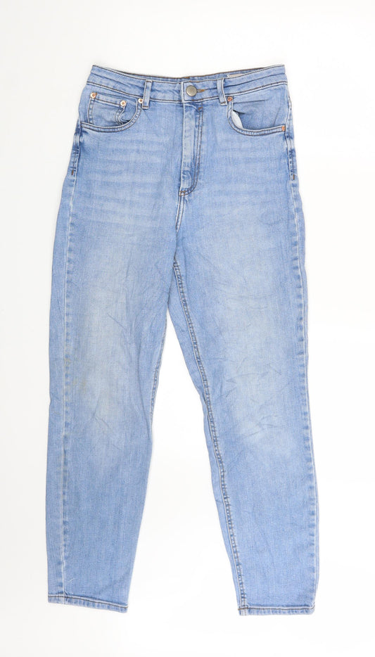 Additional front view of ASOS women’s blue denim straight jeans, size UK 28, in, 32-inch leg