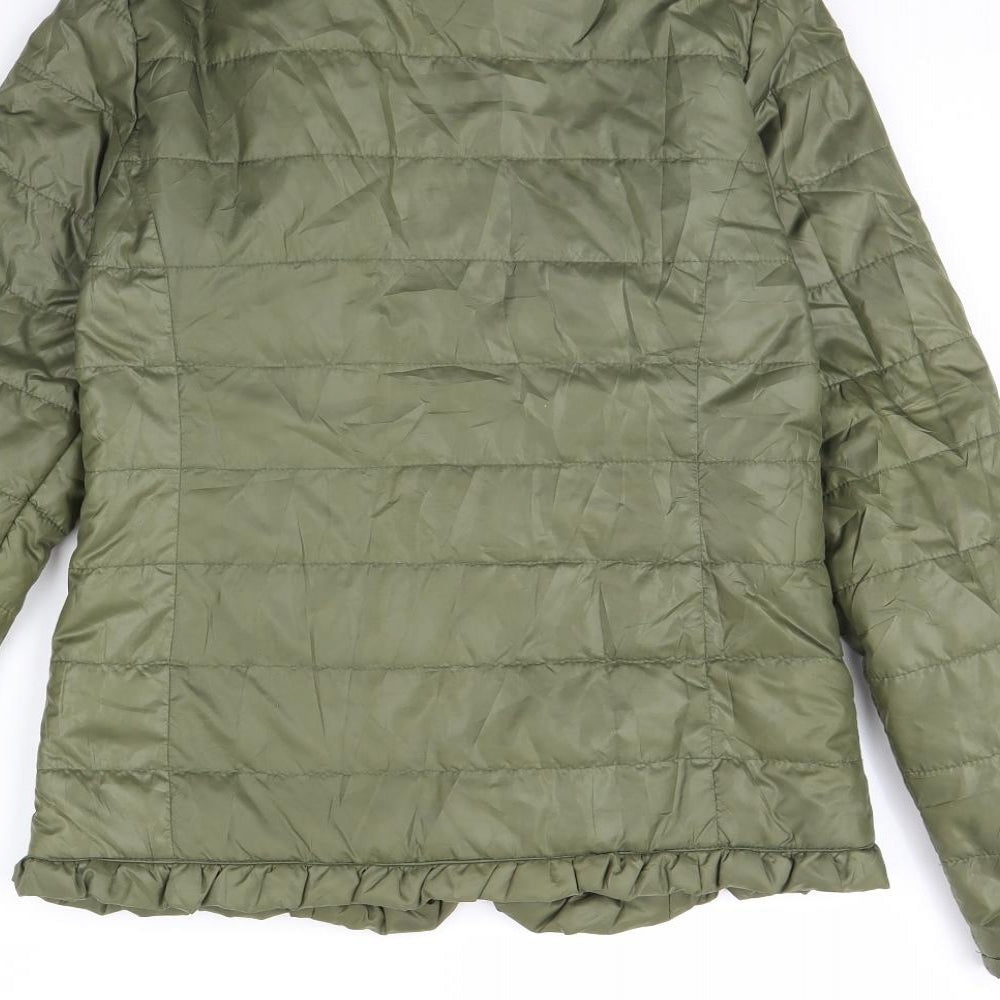 Brand and care label for Preworn girls’ green rain coat coat, size 14, years