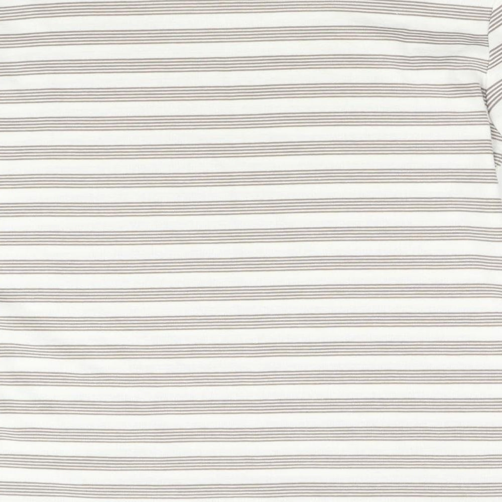Brand and care label for Alexara women’s brown striped basic t-shirt, size UK 14