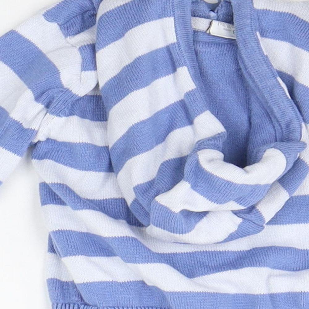 Brand and care label for Mini Club boys’ blue striped full zip jumper, size 0-3, months