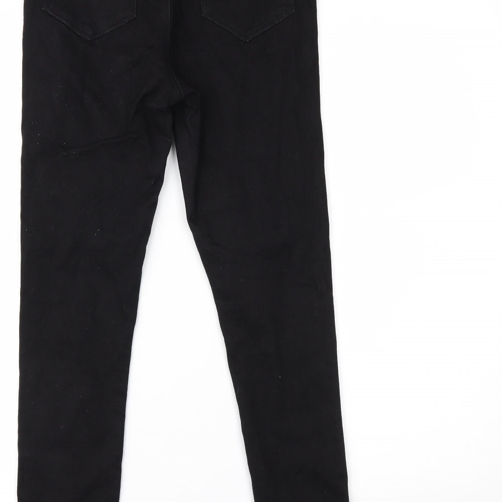 Brand and care label for Miss Selfridge women’s black denim skinny jeans, size UK 10, 26-inch leg