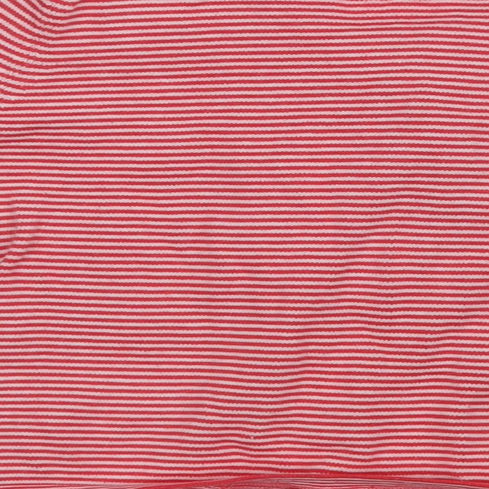 Brand and care label for F&F girls’ red striped cardigan jumper, size 12-18, months